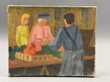 une peinture à l'huile représentant deux personnes debout près d'une table