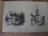 two drawings of a church and a boat in the water