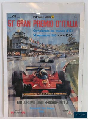 a poster of a racing car on display in a museum
