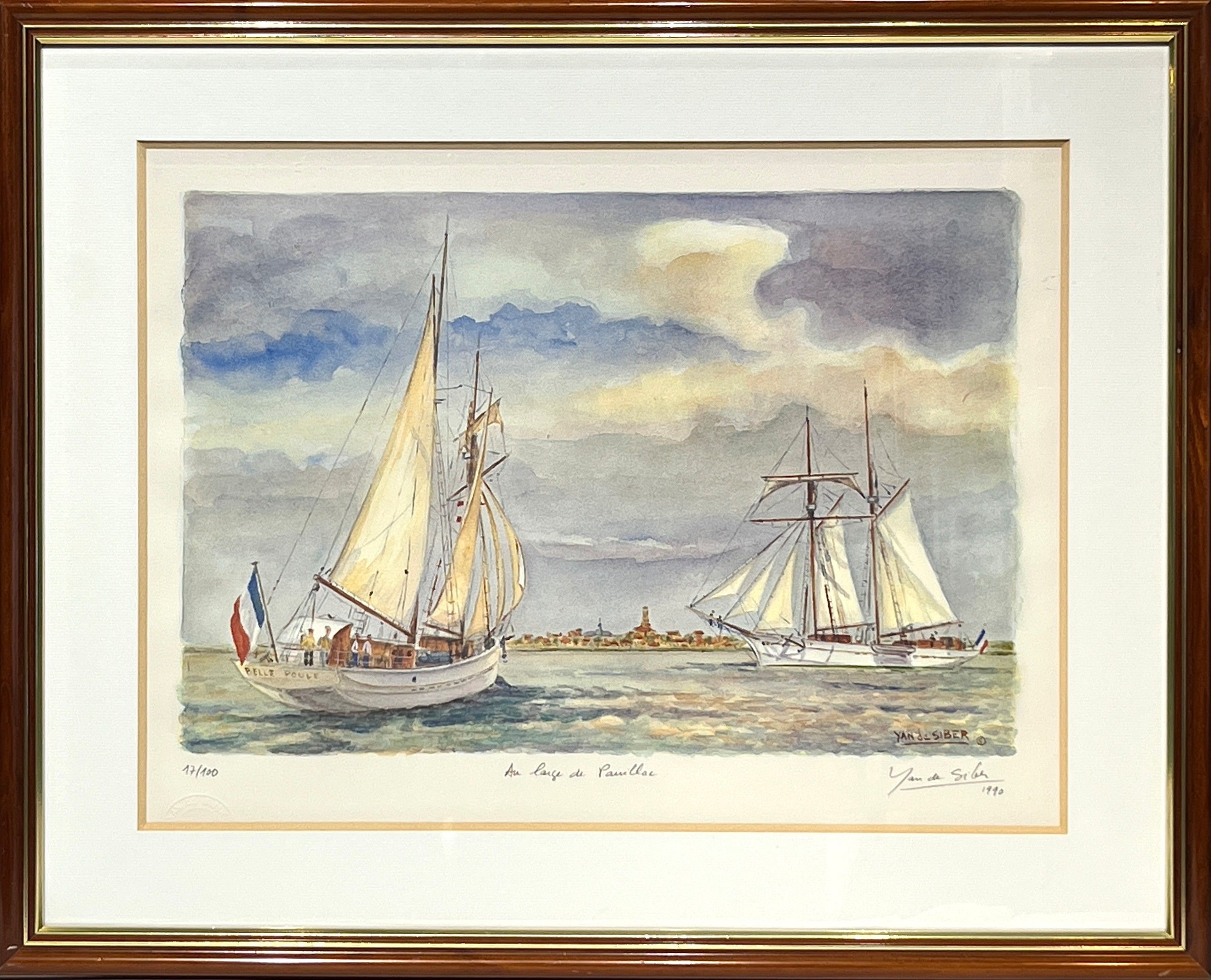 Yan DE SIBER (XXe siècle). » Au large de Pauillac". Lithographie couleur contresignée au crayon, datée 1990 et justif...
