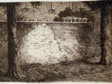 drawing of a river with trees in the foreground and a building in the background