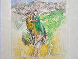 painting of a man riding a horse with a dog in the foreground