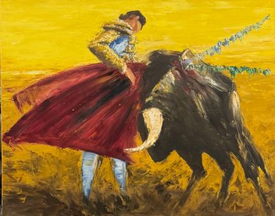 tableau représentant un taureau et une femme en robe rouge, debout l'un à côté de l'autre