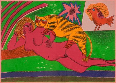 dessin représentant une femme allongée sur un lit, avec un chat et un oiseau en arrière-plan