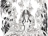 un dessin en noir et blanc représentant une femme entourée de crânes