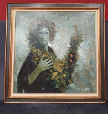 painting of a woman holding a bouquet of flowers in front of a red wall