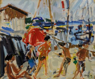 une peinture représentant un groupe de personnes marchant sur la plage