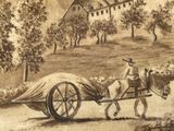 painting of a man riding a horse drawn carriage with a covered wagon