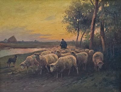 un tableau représentant un homme gardant un troupeau de moutons