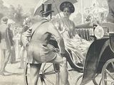 a drawing of a horse drawn carriage being pulled by a man