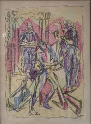 drawing of a group of people walking down a street with luggage