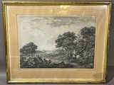 une vieille photo représentant une peinture représentant un paysage avec un homme à cheval
