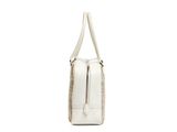 a white handbag with fringes on the handles