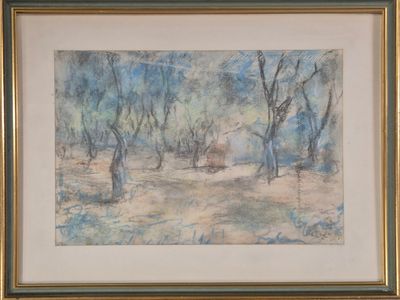 tableau représentant un homme marchant dans une zone boisée, avec des arbres en arrière-plan