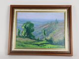 framed oil painting of a view of a hilly landscape with trees