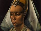 une peinture à l'huile représentant une femme portant un voile sur la tête