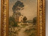 une image d'une peinture représentant une maison dans un champ