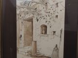 dessin encadré représentant une porte dans un bâtiment en pierre, avec une femme assise sur les marches
