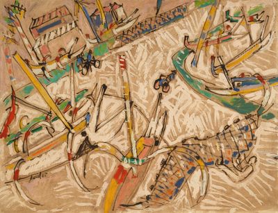 painting of a group of boats in a body of water