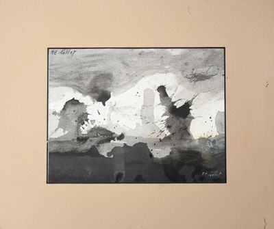 a black and white picture of a painting on a wall