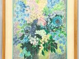painting of a vase of flowers with blue and white flowers in it