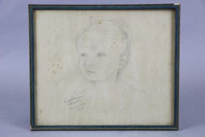 an old drawing of a young girl in a blue frame