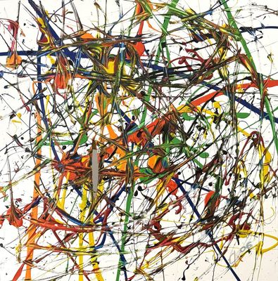 an abstract painting of multicolored brush strokes on a white background