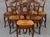 lot de six chaises de salle à manger anciennes en chêne, avec des assises en paille tressée