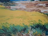 a picture of a painting of a field with a house in the background