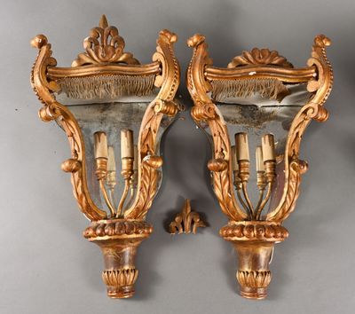 pair of antique carved wood wall sconces with glass inserts