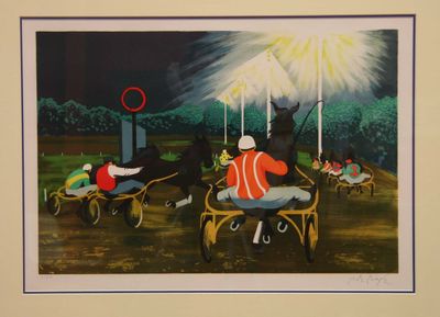 a painting of a man riding a horse drawn carriage