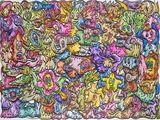 drawing of a large group of cats and dogs all in different colors