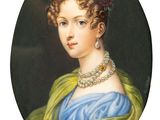 an oval portrait of a woman wearing a blue dress and a green shawl