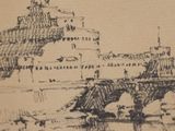a drawing of a bridge over a river with a castle in the background