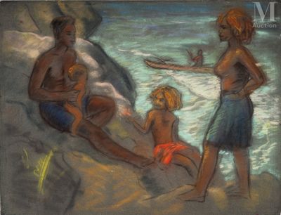 painting of three people on the beach with a child in the foreground
