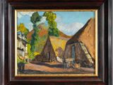 an image of a painting of a village scene with a horse and cart