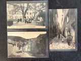 three old black and white photos of people walking down a street