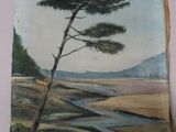 une peinture représentant un arbre et une rivière sur une feuille de papier