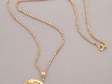 a gold coin necklace with a chain that has a coin on it