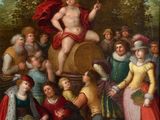 un tableau représentant un groupe de personnes rassemblées autour d'une statue