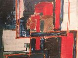 abstract painting of red, black, and white squares on a black background