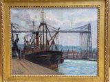 une peinture à l'huile représentant un bateau dans un port, avec un pont en arrière-plan