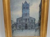 tableau représentant une église avec un clocher, dans un cadre doré