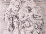 a drawing of a group of people sitting around a man on a bench