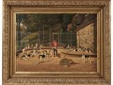 une image représentant un tableau où l'on voit un homme avec des chiens dans une cage