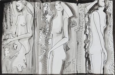 dessin représentant trois femmes debout devant un miroir, sur une photo en noir et blanc