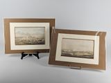 lot de deux reproductions encadrées représentant une scène de plage au bord d'une rivière
