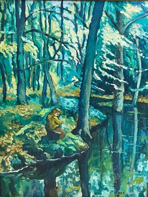 a painting of a person sitting on a rock in the woods