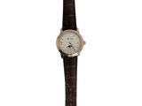 a close up of a watch on a white background with a brown strap