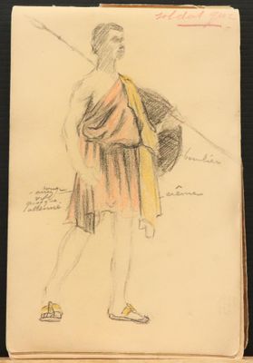 un vieux dessin représentant un homme en robe, muni d'une épée